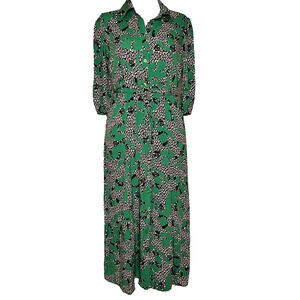 Alex & Parker Shirt Dress M Green Leopard Button Up Maxi Animal Print Old Money